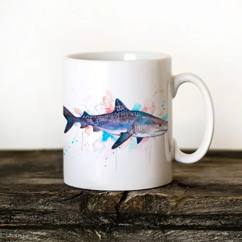 Tiger Shark watercolor painting printed on an 11 oz ceramic art mug by Slaveika Aladjova