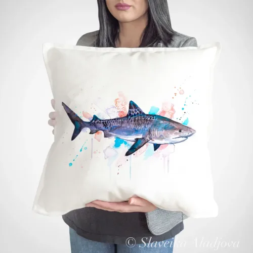 Tiger Shark Art Pillow Cover, Watercolor Cushion 50 × 50 cm Tiger Shark watercolor painting printed on a 50 x 50 cm cotton art pillow cover by Slaveika Aladjova