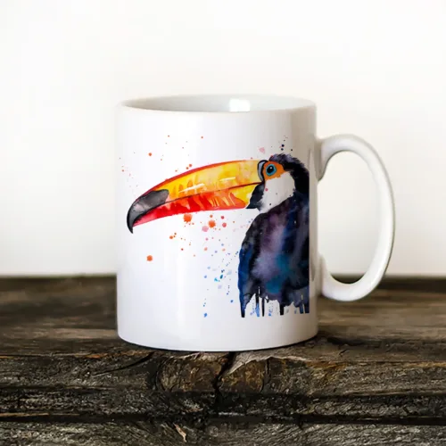 Toco Toucan Art Mug, Watercolor Ceramic Mug 11 oz Toco Toucan watercolor painting printed on an 11 oz ceramic art mug by Slaveika Aladjova