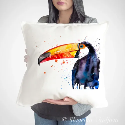 Toco Toucan Art Pillow Cover, Watercolor Cushion 50 × 50 cm Toco Toucan watercolor painting printed on a 50 x 50 cm cotton art pillow cover by Slaveika Aladjova