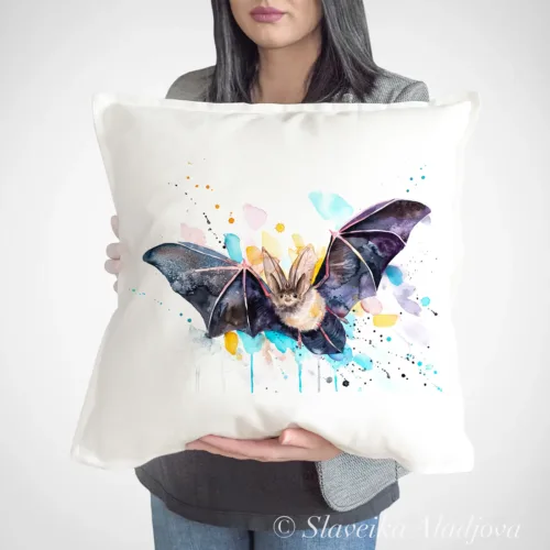 Townsend's Big-eared Bat Art Pillow Cover, Watercolor Cushion 50 × 50 cm Townsend's Big-eared Bat watercolor painting printed on a 50 x 50 cm cotton art pillow cover by Slaveika Aladjova