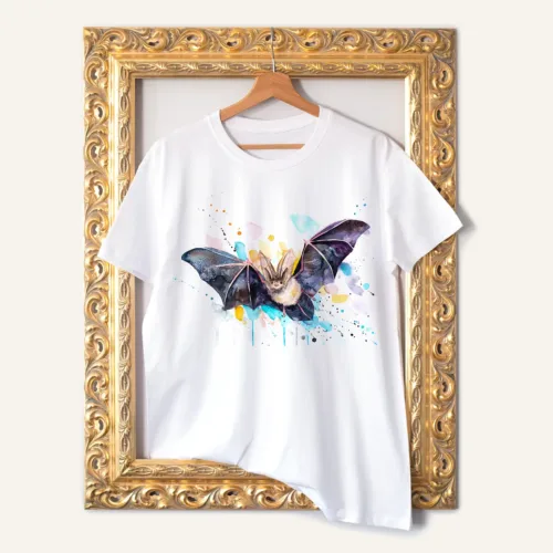 Townsend's Big-eared Bat watercolor painting printed on a white cotton T-shirt by Slaveika Aladjova