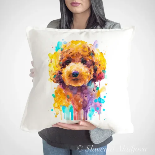 Toy Poodle Art Pillow Cover, Watercolor Cushion 50 × 50 cm Toy Poodle watercolor painting printed on a 50 x 50 cm cotton art pillow cover by Slaveika Aladjova