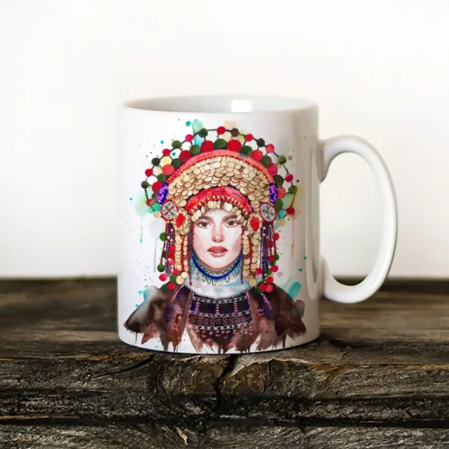 Traditional Bridal Costume from the Pleven Region Art Mug, Watercolor Ceramic Mug 11 oz Traditional Bridal Costume from the Pleven Region watercolor painting printed on an 11 oz ceramic art mug by Slaveika Aladjova
