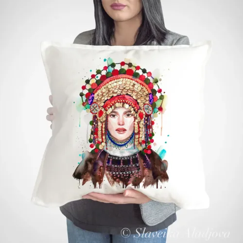 Traditional Bridal Costume from the Pleven Region Art Pillow Cover, Watercolor Cushion 50 × 50 cm Traditional Bridal Costume from the Pleven Region watercolor painting printed on a 50 x 50 cm cotton art pillow cover by Slaveika Aladjova