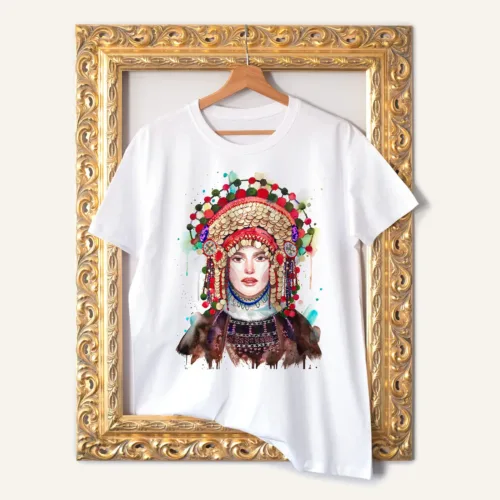 Traditional Bridal Costume from the Pleven Region T-Shirt, Watercolor Art Tee Traditional Bridal Costume from the Pleven Region watercolor painting printed on a white cotton T-shirt by Slaveika Aladjova