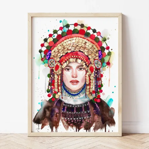 Traditional Bridal Costume from the Pleven Region watercolor painting the artwork on the T-shirt by Slaveika Aladjova