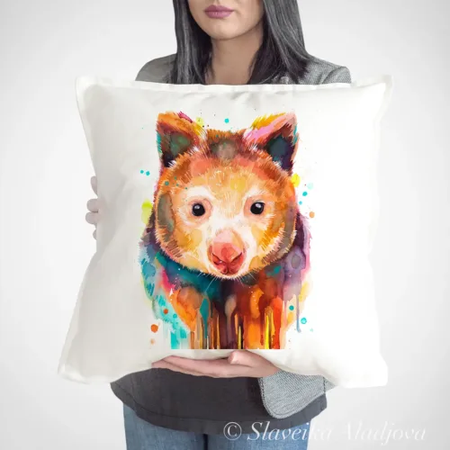 Tree Kangaroo Art Pillow Cover, Watercolor Cushion 50 × 50 cm Tree Kangaroo watercolor painting printed on a 50 x 50 cm cotton art pillow cover by Slaveika Aladjova