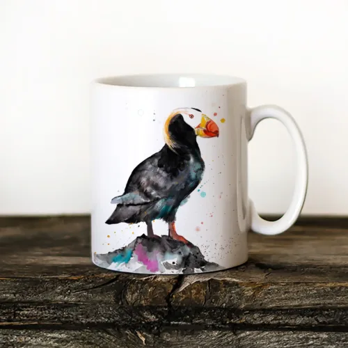 Tufted Puffin Art Mug, Watercolor Ceramic Mug 11 oz Tufted Puffin watercolor painting printed on an 11 oz ceramic art mug by Slaveika Aladjova