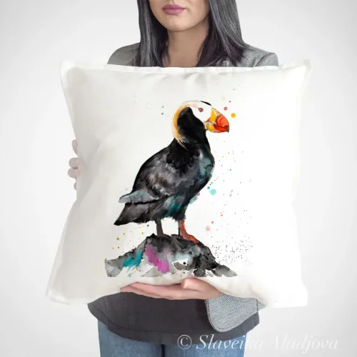 Tufted Puffin Art Pillow Cover, Watercolor Cushion 50 × 50 cm Tufted Puffin watercolor painting printed on a 50 x 50 cm cotton art pillow cover by Slaveika Aladjova