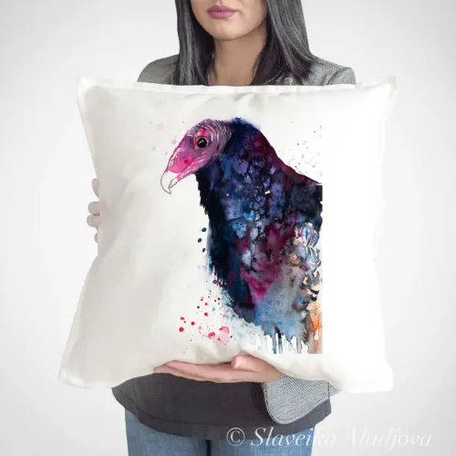 Turkey Vulture Art Pillow Cover, Watercolor Cushion 50 × 50 cm Turkey Vulture watercolor painting printed on a 50 x 50 cm cotton art pillow cover by Slaveika Aladjova