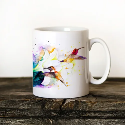 Two Hummingbirds Art Mug, Watercolor Ceramic Mug 11 oz Two Hummingbirds watercolor painting printed on an 11 oz ceramic art mug by Slaveika Aladjova