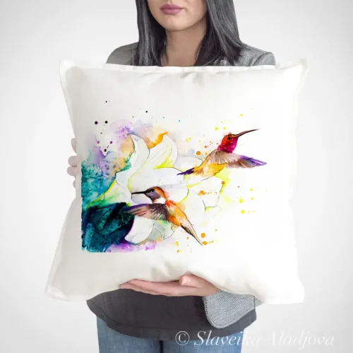Two Hummingbirds watercolor painting printed on a 50 x 50 cm cotton art pillow cover by Slaveika Aladjova
