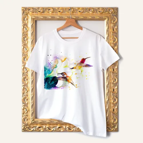 Two Hummingbirds watercolor painting printed on a white cotton T-shirt by Slaveika Aladjova
