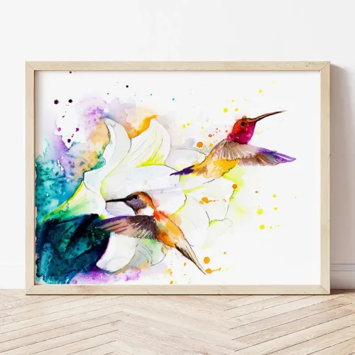 Two Hummingbirds watercolor painting the artwork on the T-shirt by Slaveika Aladjova
