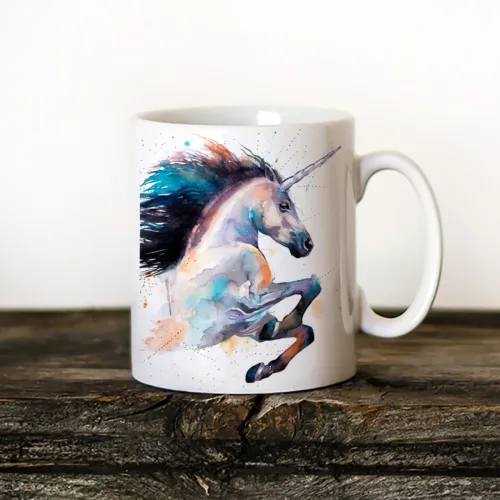 Unicorn watercolor painting printed on an 11 oz ceramic art mug by Slaveika Aladjova