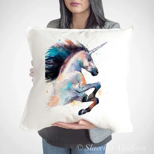Unicorn Art Pillow Cover, Watercolor Cushion 50 × 50 cm Unicorn watercolor painting printed on a 50 x 50 cm cotton art pillow cover by Slaveika Aladjova