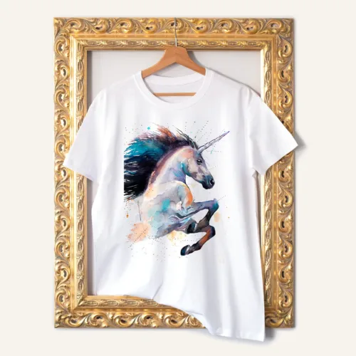 Unicorn T-Shirt, Watercolor Art Tee Unicorn watercolor painting printed on a white cotton T-shirt by Slaveika Aladjova
