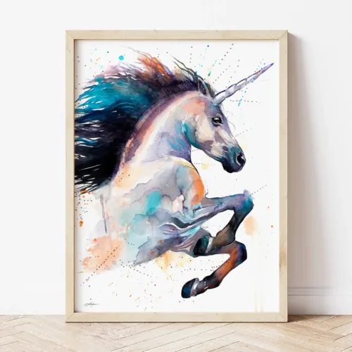 Unicorn watercolor painting the artwork on the T-shirt by Slaveika Aladjova