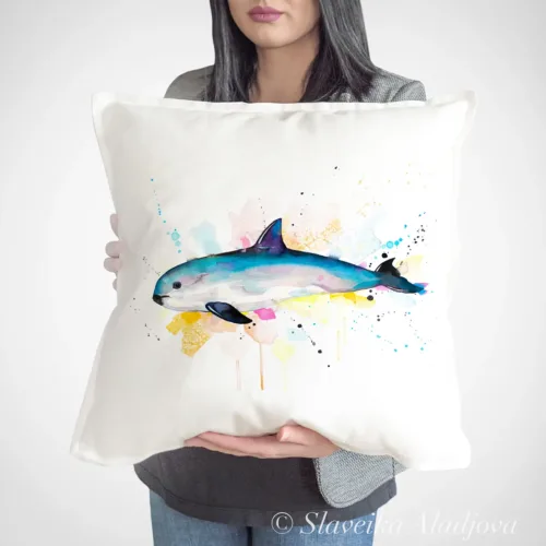 Vaquita Art Pillow Cover, Watercolor Cushion 50 × 50 cm Vaquita watercolor painting printed on a 50 x 50 cm cotton art pillow cover by Slaveika Aladjova