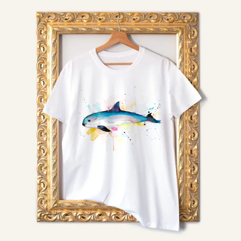 Vaquita watercolor painting printed on a white cotton T-shirt by Slaveika Aladjova
