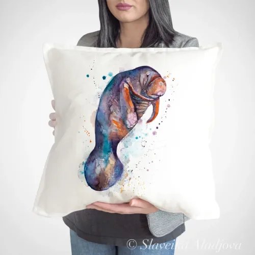Violet Manatee watercolor painting printed on a 50 x 50 cm cotton art pillow cover by Slaveika Aladjova