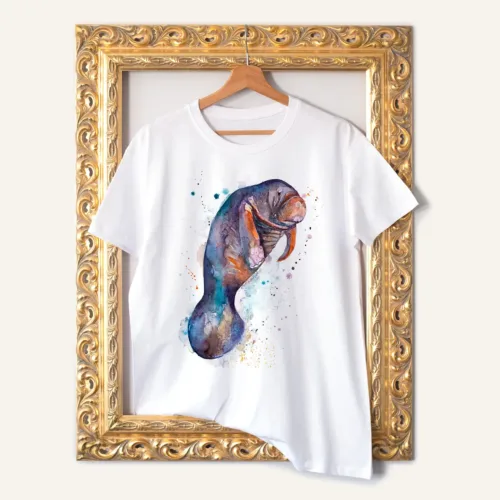 Violet Manatee T-Shirt, Watercolor Art Tee Violet Manatee watercolor painting printed on a white cotton T-shirt by Slaveika Aladjova