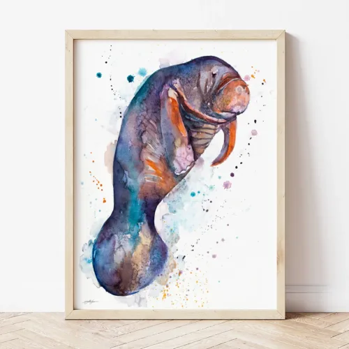 Violet Manatee watercolor painting the artwork on the T-shirt by Slaveika Aladjova