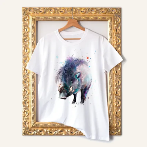 Visayan Warty Pig T-Shirt, Watercolor Art Tee Visayan Warty Pig watercolor painting printed on a white cotton T-shirt by Slaveika Aladjova