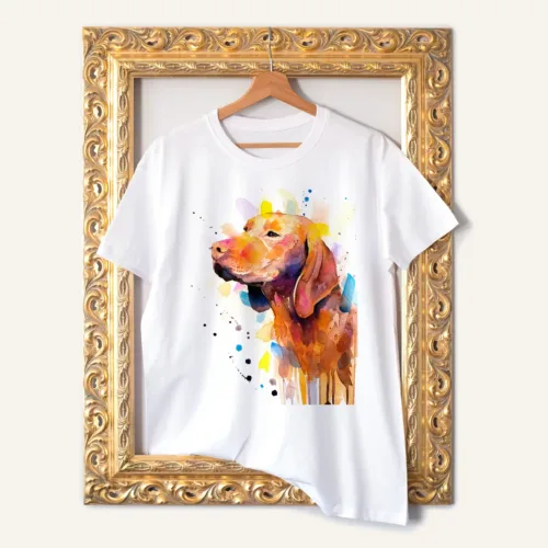 Vizsla T-Shirt, Watercolor Art Tee Vizsla watercolor painting printed on a white cotton T-shirt by Slaveika Aladjova