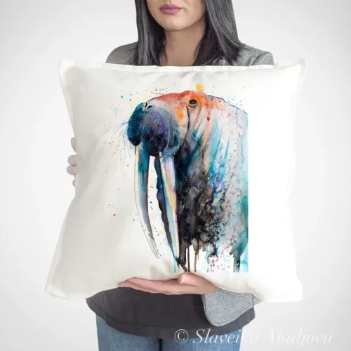 Walrus Art Pillow Cover, Watercolor Cushion 50 × 50 cm Walrus watercolor painting printed on a 50 x 50 cm cotton art pillow cover by Slaveika Aladjova