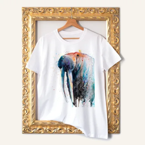 Walrus T-Shirt, Watercolor Art Tee Walrus watercolor painting printed on a white cotton T-shirt by Slaveika Aladjova