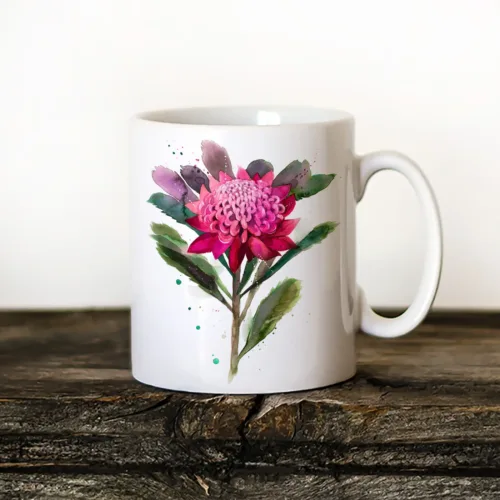 Waratah Art Mug, Watercolor Ceramic Mug 11 oz Waratah watercolor painting printed on an 11 oz ceramic art mug by Slaveika Aladjova