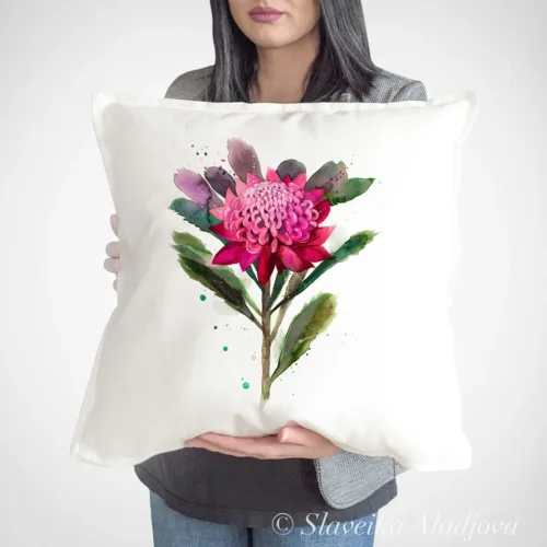 Waratah Art Pillow Cover, Watercolor Cushion 50 × 50 cm Waratah watercolor painting printed on a 50 x 50 cm cotton art pillow cover by Slaveika Aladjova