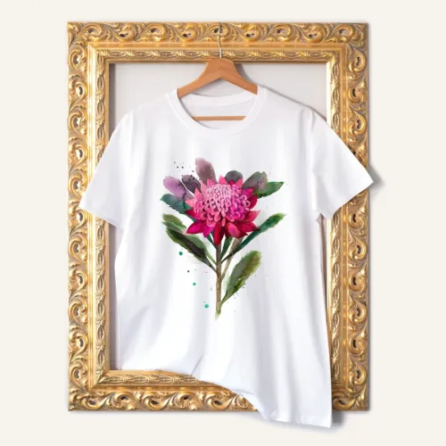 Waratah T-Shirt, Watercolor Art Tee Waratah watercolor painting printed on a white cotton T-shirt by Slaveika Aladjova