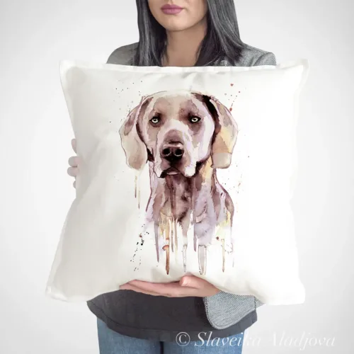 Weimaraner Art Pillow Cover, Watercolor Cushion 50 × 50 cm Weimaraner watercolor painting printed on a 50 x 50 cm cotton art pillow cover by Slaveika Aladjova
