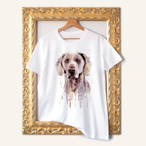 Weimaraner watercolor painting printed on a white cotton T-shirt by Slaveika Aladjova