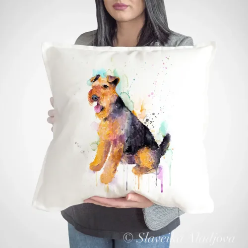 Welsh Terrier Art Pillow Cover, Watercolor Cushion 50 × 50 cm Welsh Terrier watercolor painting printed on a 50 x 50 cm cotton art pillow cover by Slaveika Aladjova