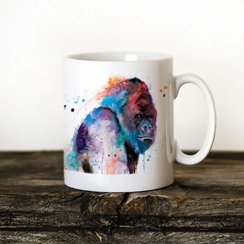 Western Gorilla Art Mug, Watercolor Ceramic Mug 11 oz Western Gorilla watercolor painting printed on an 11 oz ceramic art mug by Slaveika Aladjova