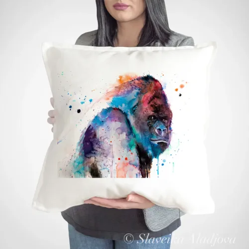Western Gorilla watercolor painting printed on a 50 x 50 cm cotton art pillow cover by Slaveika Aladjova