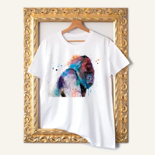 Western Gorilla T-Shirt, Watercolor Art Tee Western Gorilla watercolor painting printed on a white cotton T-shirt by Slaveika Aladjova
