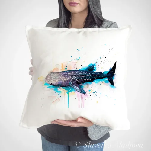 Whale Shark watercolor painting printed on a 50 x 50 cm cotton art pillow cover by Slaveika Aladjova