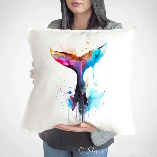 Whale Tail watercolor painting printed on a 50 x 50 cm cotton art pillow cover by Slaveika Aladjova