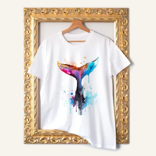 Whale Tail T-Shirt, Watercolor Art Tee Whale Tail watercolor painting printed on a white cotton T-shirt by Slaveika Aladjova
