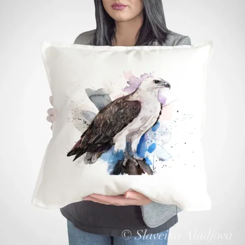 White-bellied Sea Eagle Art Pillow Cover, Watercolor Cushion 50 × 50 cm White-bellied Sea Eagle watercolor painting printed on a 50 x 50 cm cotton art pillow cover by Slaveika Aladjova