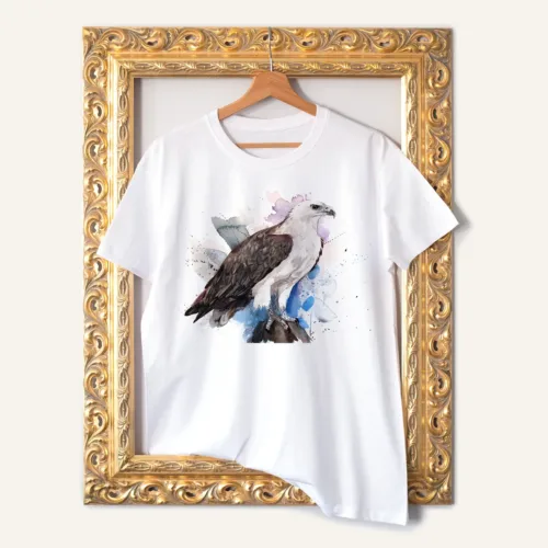 White-bellied Sea Eagle T-Shirt, Watercolor Art Tee White-bellied Sea Eagle watercolor painting printed on a white cotton T-shirt by Slaveika Aladjova