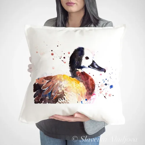 White-faced Whistling Duck Art Pillow Cover, Watercolor Cushion 50 × 50 cm White-faced Whistling Duck watercolor painting printed on a 50 x 50 cm cotton art pillow cover by Slaveika Aladjova