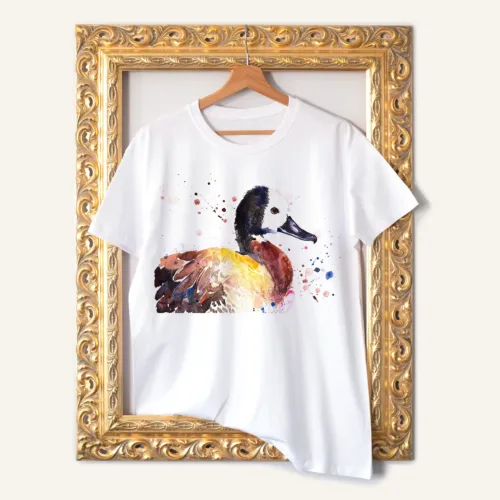 White-faced Whistling Duck T-Shirt, Watercolor Art Tee White-faced Whistling Duck watercolor painting printed on a white cotton T-shirt by Slaveika Aladjova