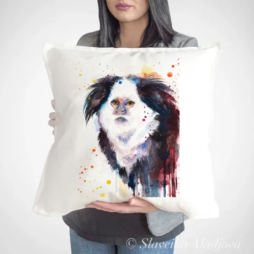 White-headed Marmoset Art Pillow Cover, Watercolor Cushion 50 × 50 cm White-headed Marmoset watercolor painting printed on a 50 x 50 cm cotton art pillow cover by Slaveika Aladjova