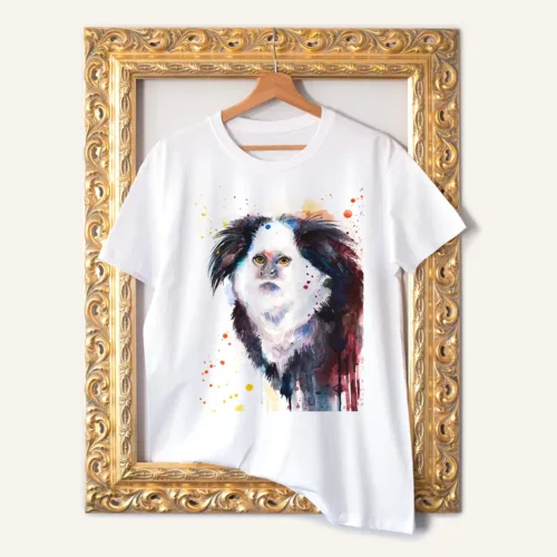 White-headed Marmoset T-Shirt, Watercolor Art Tee White-headed Marmoset watercolor painting printed on a white cotton T-shirt by Slaveika Aladjova